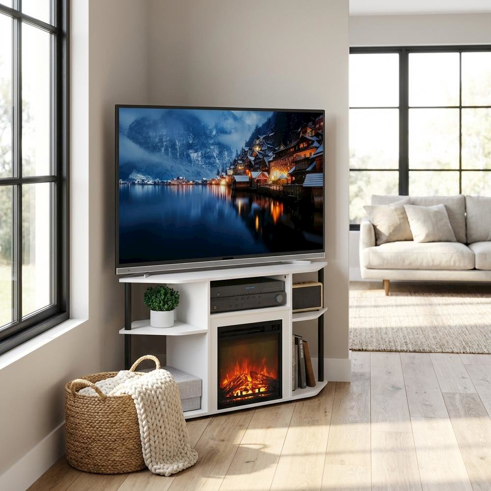 White open storage corner fireplace TV stand, 55-inch screens, solid wood