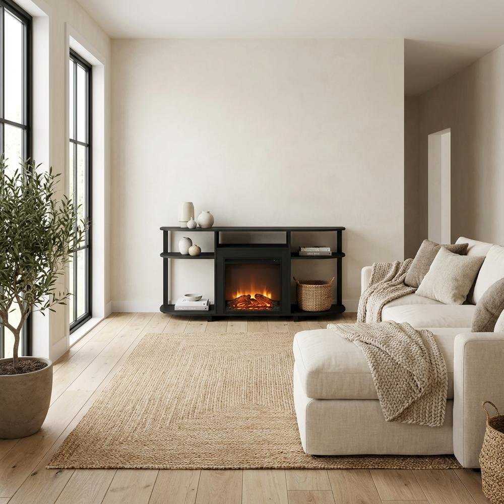 Brown Fireplace TV Stand with Rubberwood and Walnut Veneers for 55 Inch TVs