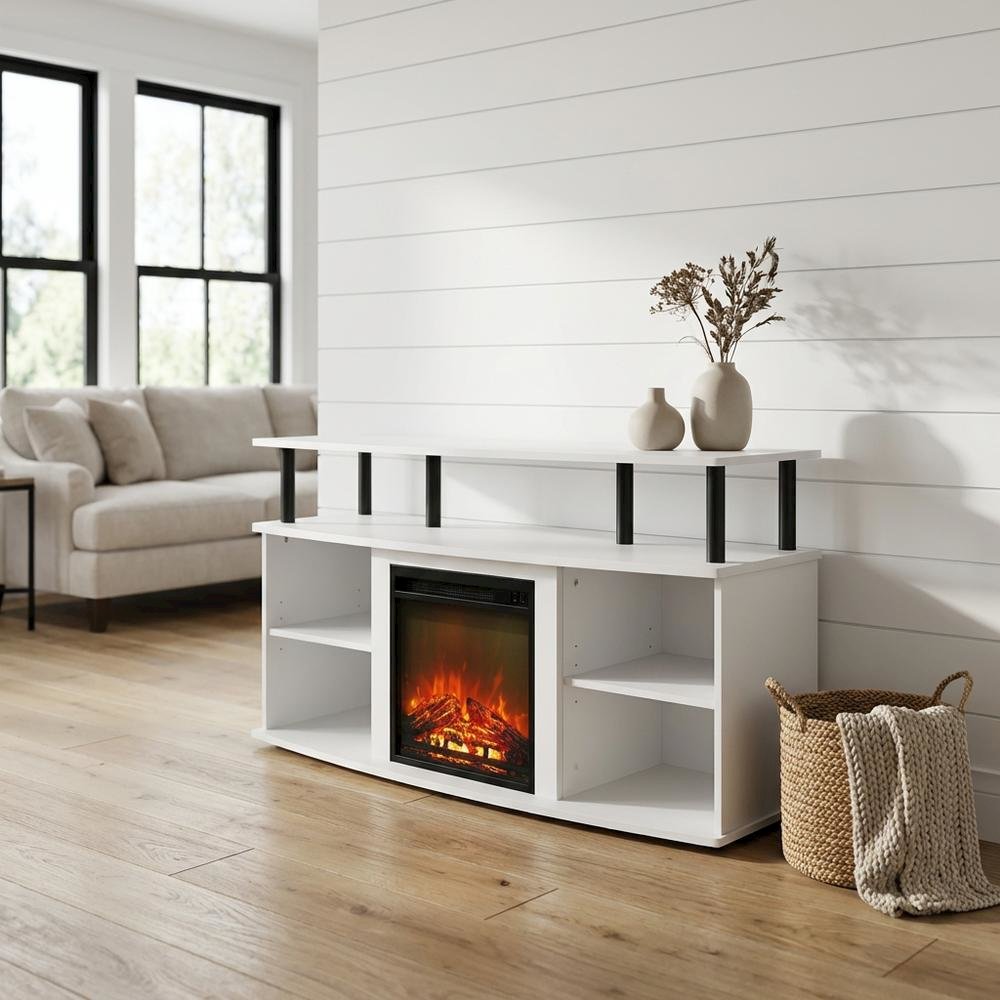 White open shelving, fireplace entertainment center, 55-inch TVs, rubberwood