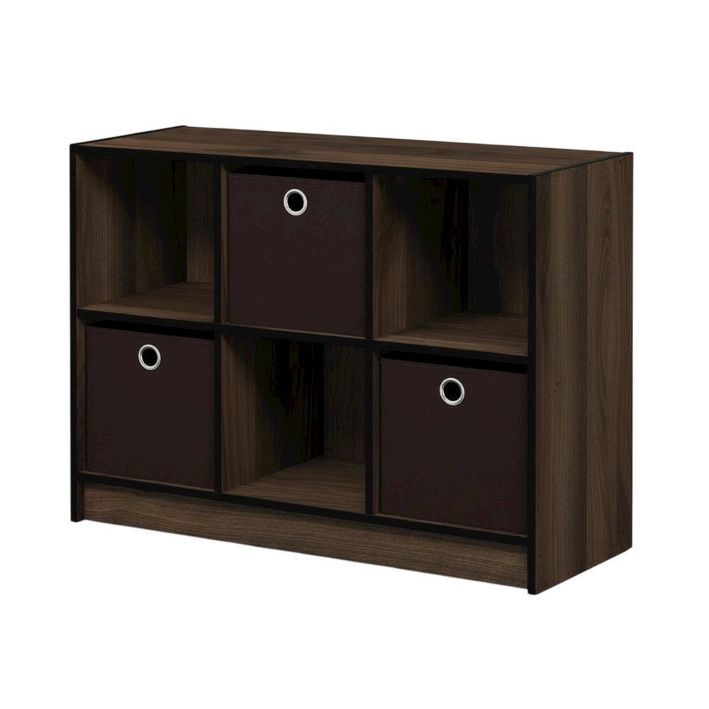 Wooden 3x2 Bookcase with Storage Bins in Walnut Finish for Organized Living
