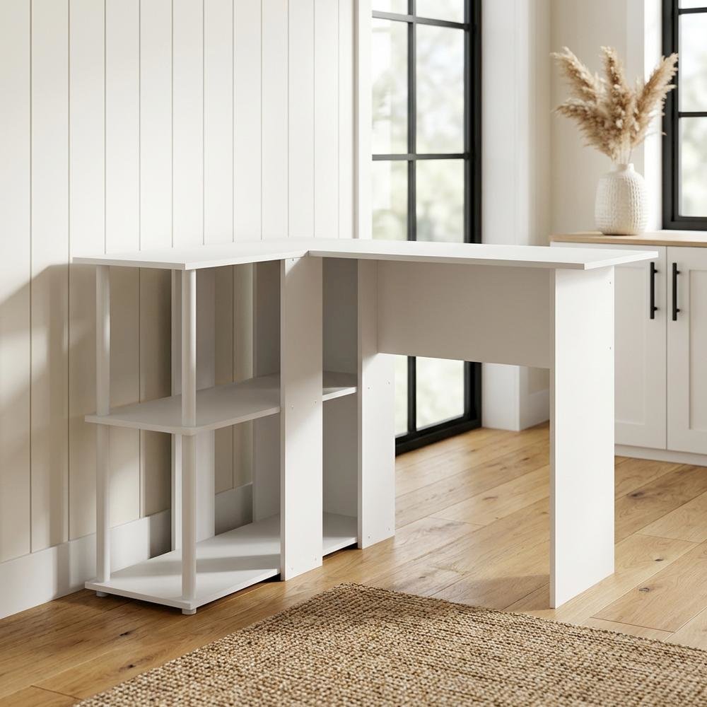 White L-Shape Desk with Bookshelf and Spacious Workspace