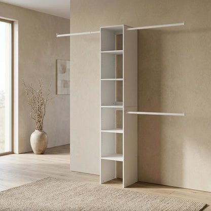 White Storage Shelf Tower with 3 Hanging Bars, 82 Inch Tall, Closet