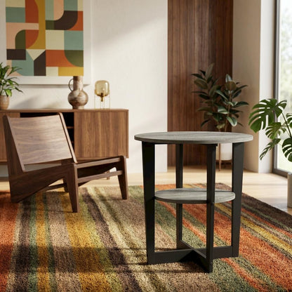 Modern French Oak Grey and Black Oval End Table Set (2)