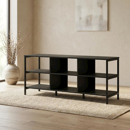 Modern black TV stand with open shelves for entertainment centers