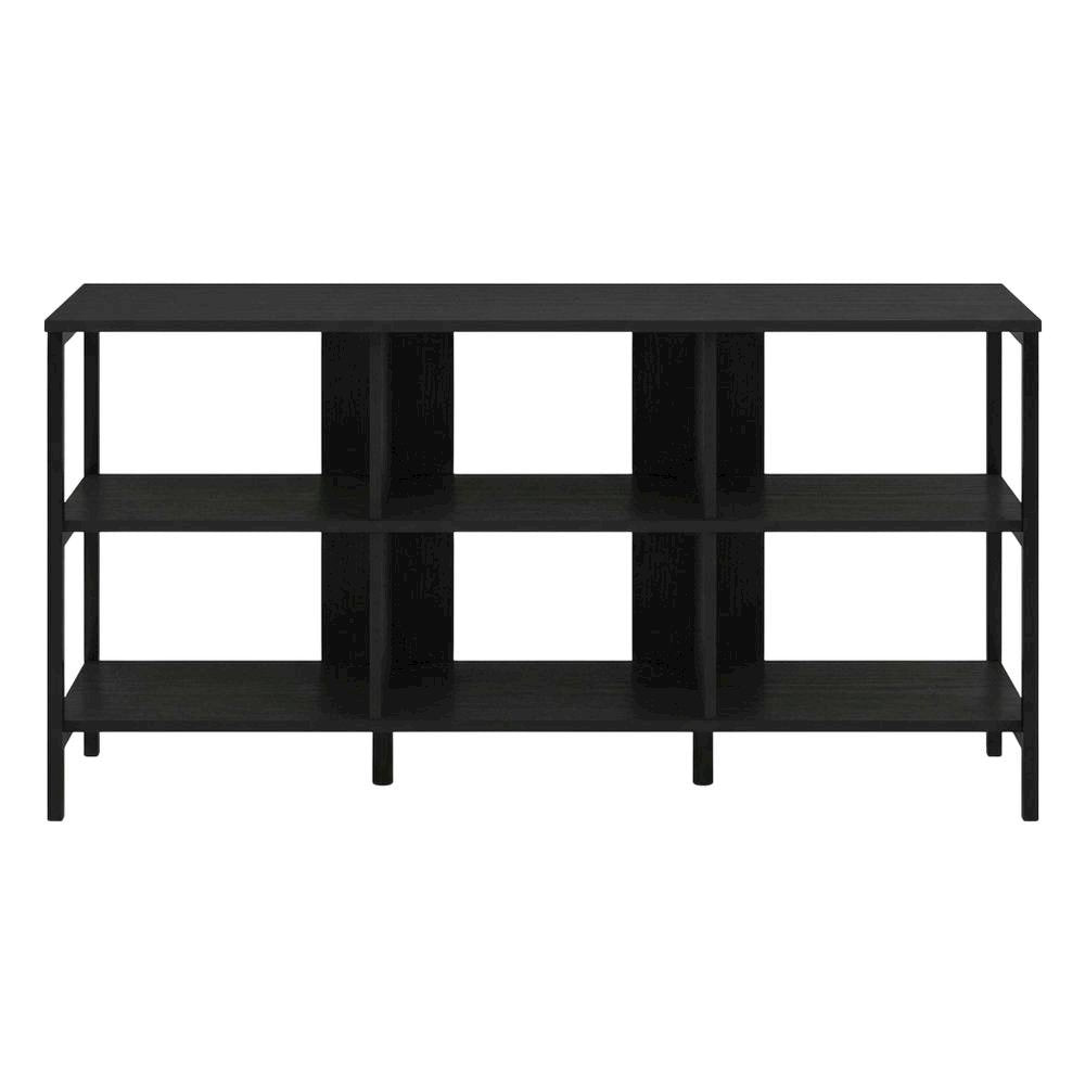 Modern black TV stand with open shelves for entertainment centers