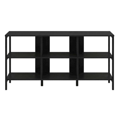 Modern black TV stand with open shelves for entertainment centers