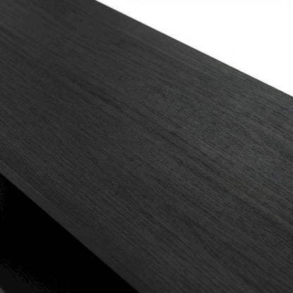 Modern black TV stand with open shelves for entertainment centers