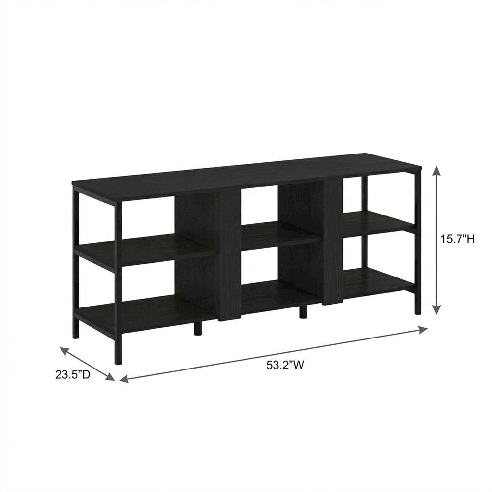 Modern black TV stand with open shelves for entertainment centers