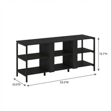 Modern black TV stand with open shelves for entertainment centers