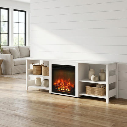 White Emboss TV Stand with Fireplace and Wooden Finish