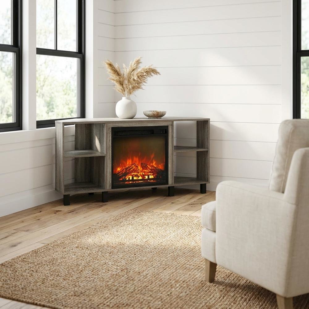 Wood TV stand with metal legs for up to 55-inch screens in French Oak Grey