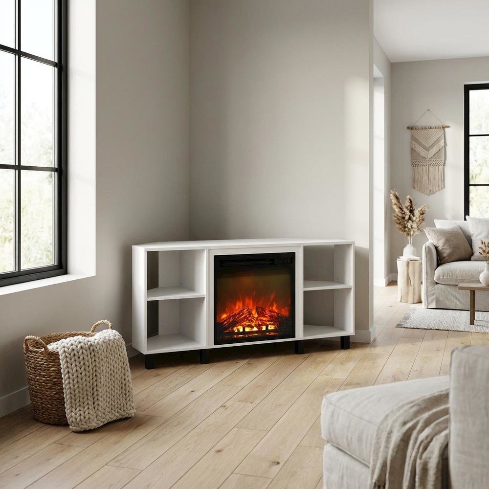 White Corner Fireplace TV Stand with 4 Open Storage Compartments in Wood Finish