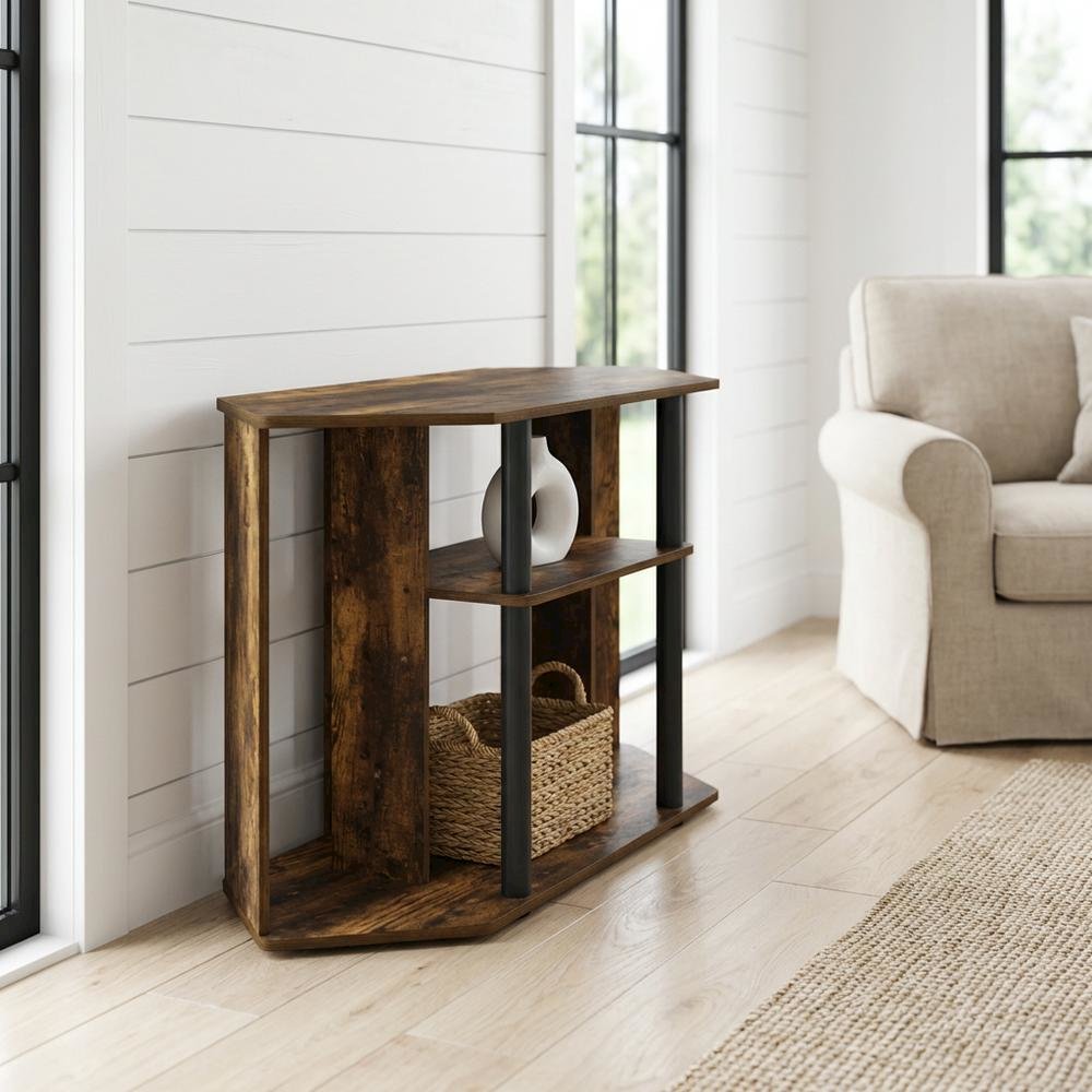 Wood TV Stand, Plastic Poles, Up to 43-Inch Screen in Amber Pine, Black