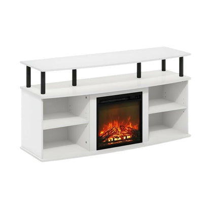 White open shelving, fireplace entertainment center, 55-inch TVs, rubberwood