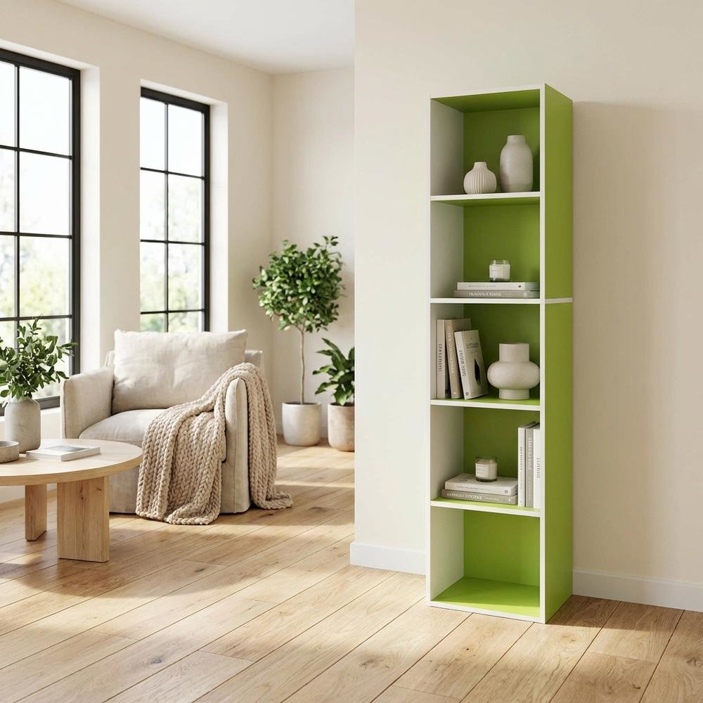 Green 5-Tier Open Shelf Bookcase with Wooden Construction