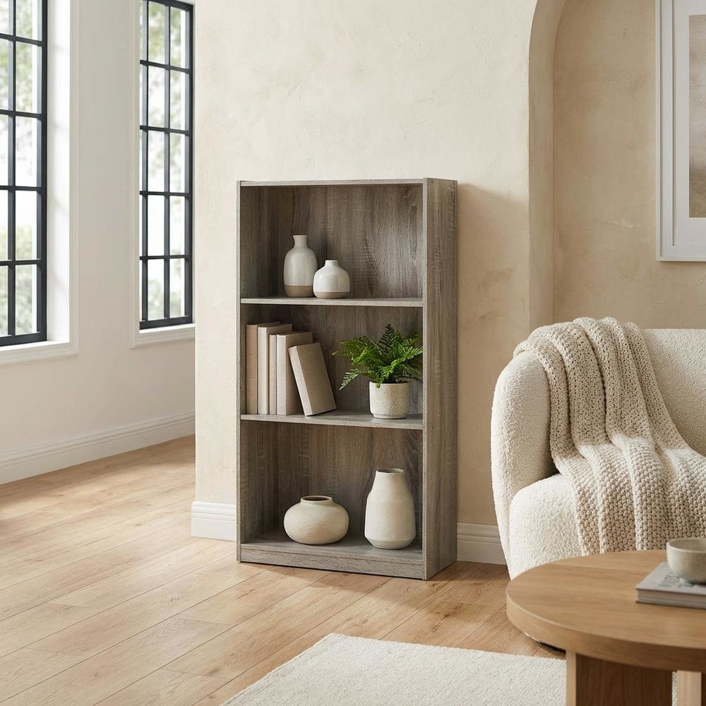French Oak Grey 3-Tier Bookcase with Spacious Shelves for Home Storage