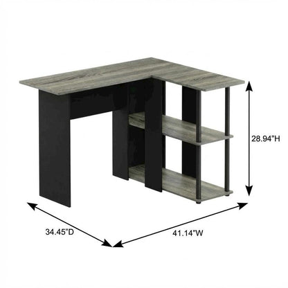 L-Shape Desk with Bookshelf, French Oak Grey/Black, Modern Computer Workstation
