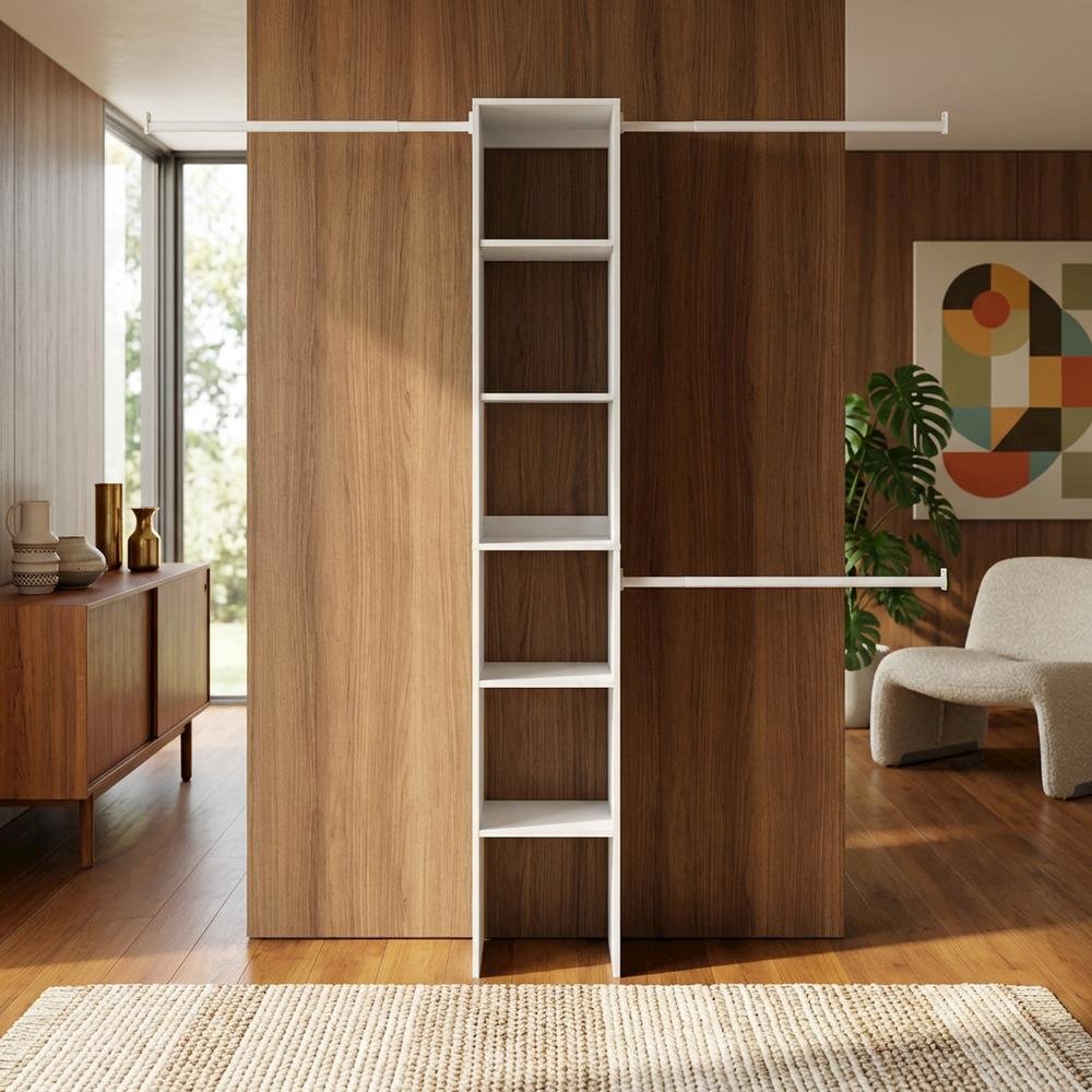 White Storage Shelf Tower with 3 Hanging Bars, 82 Inch Tall, Closet