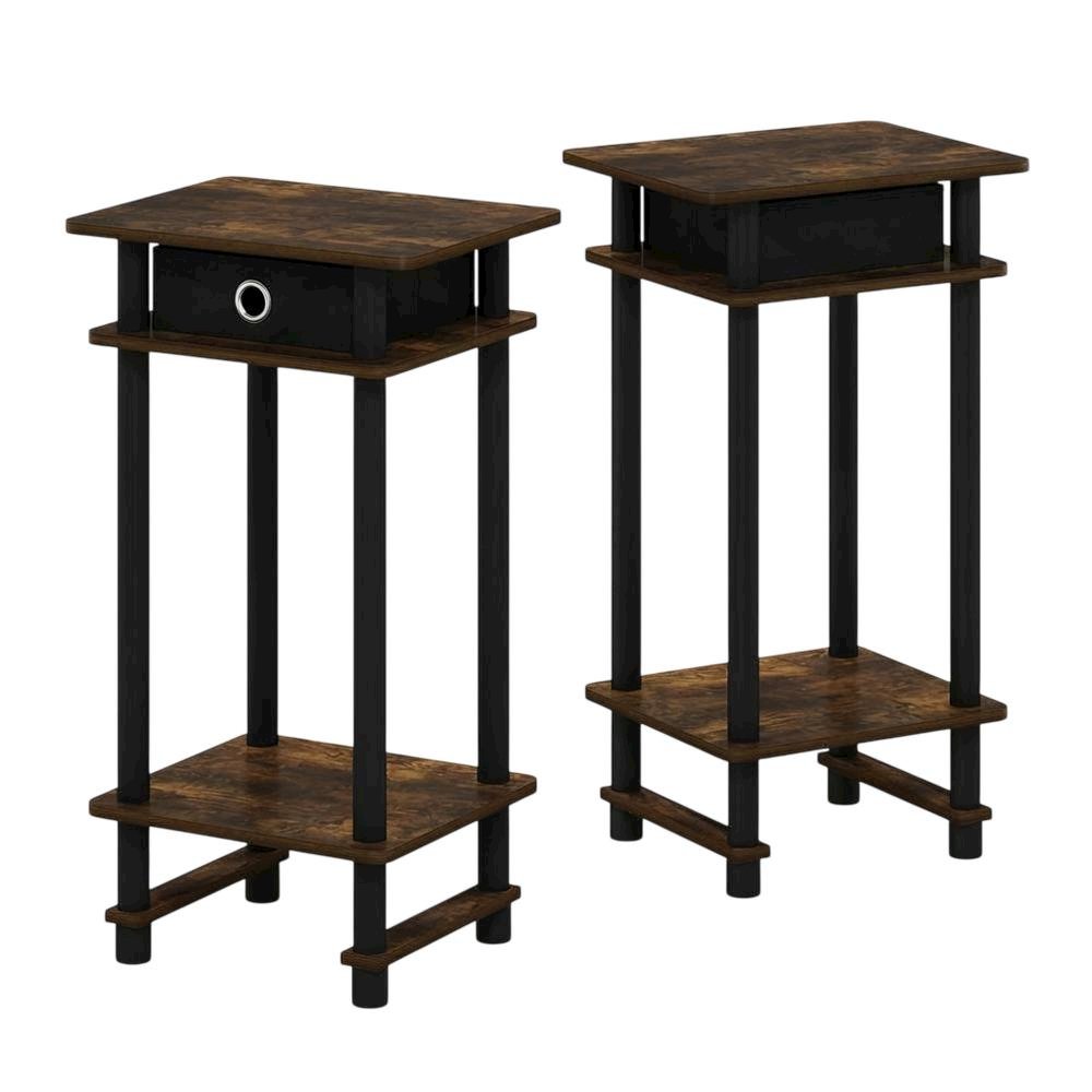Amber Pine and Black Finish Tall End Tables with Storage Bins, Set of 2