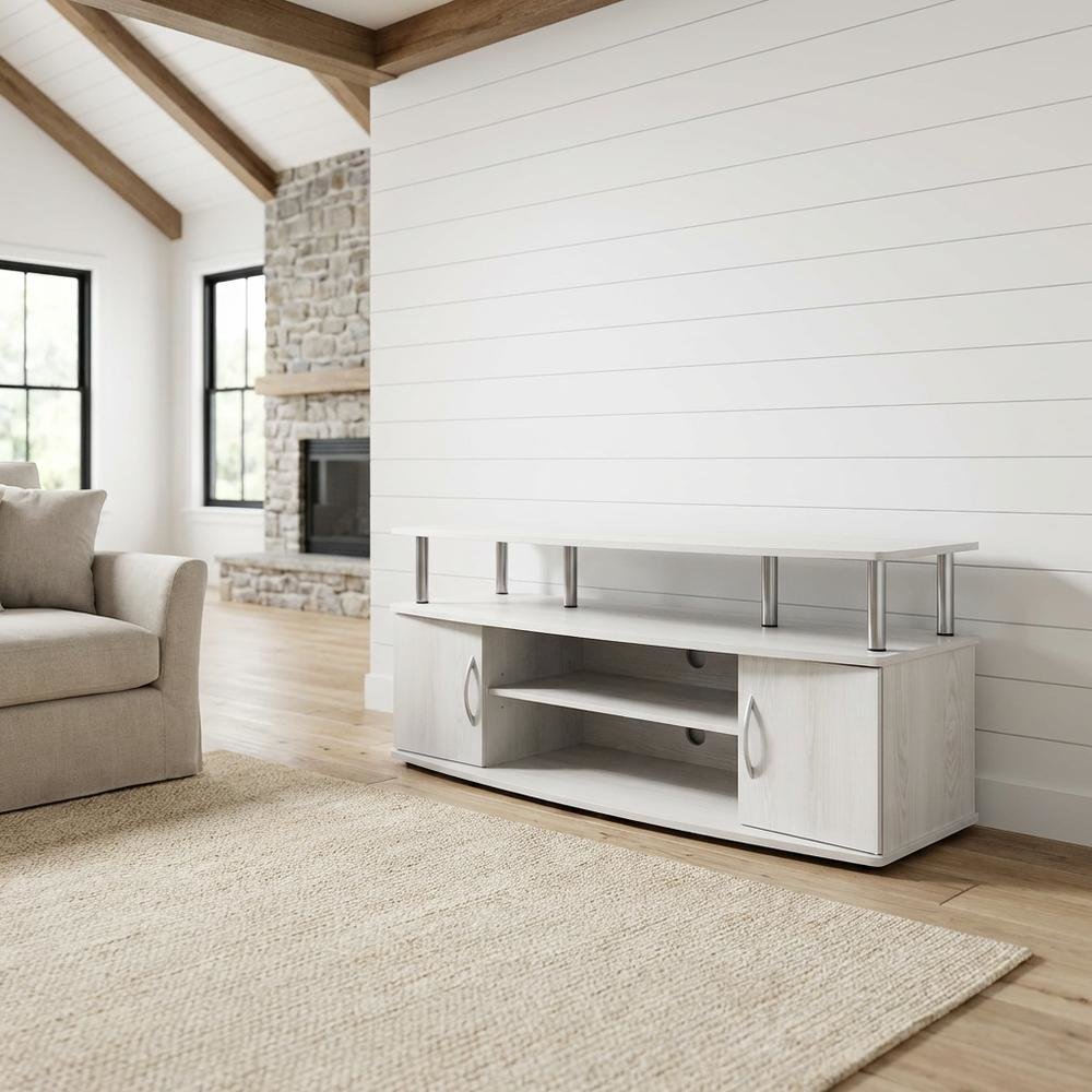 White wood entertainment center for TVs up to 55 inches with ample storage space