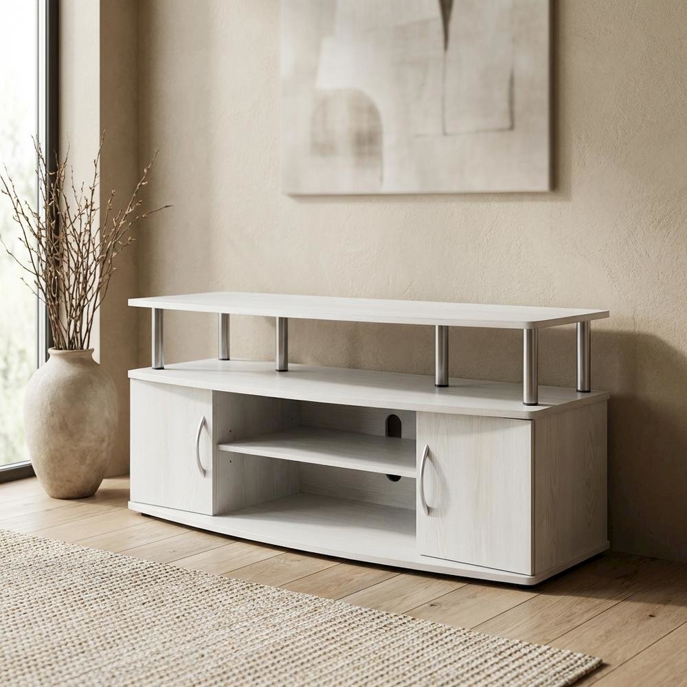 White wood entertainment center for TVs up to 55 inches with ample storage space