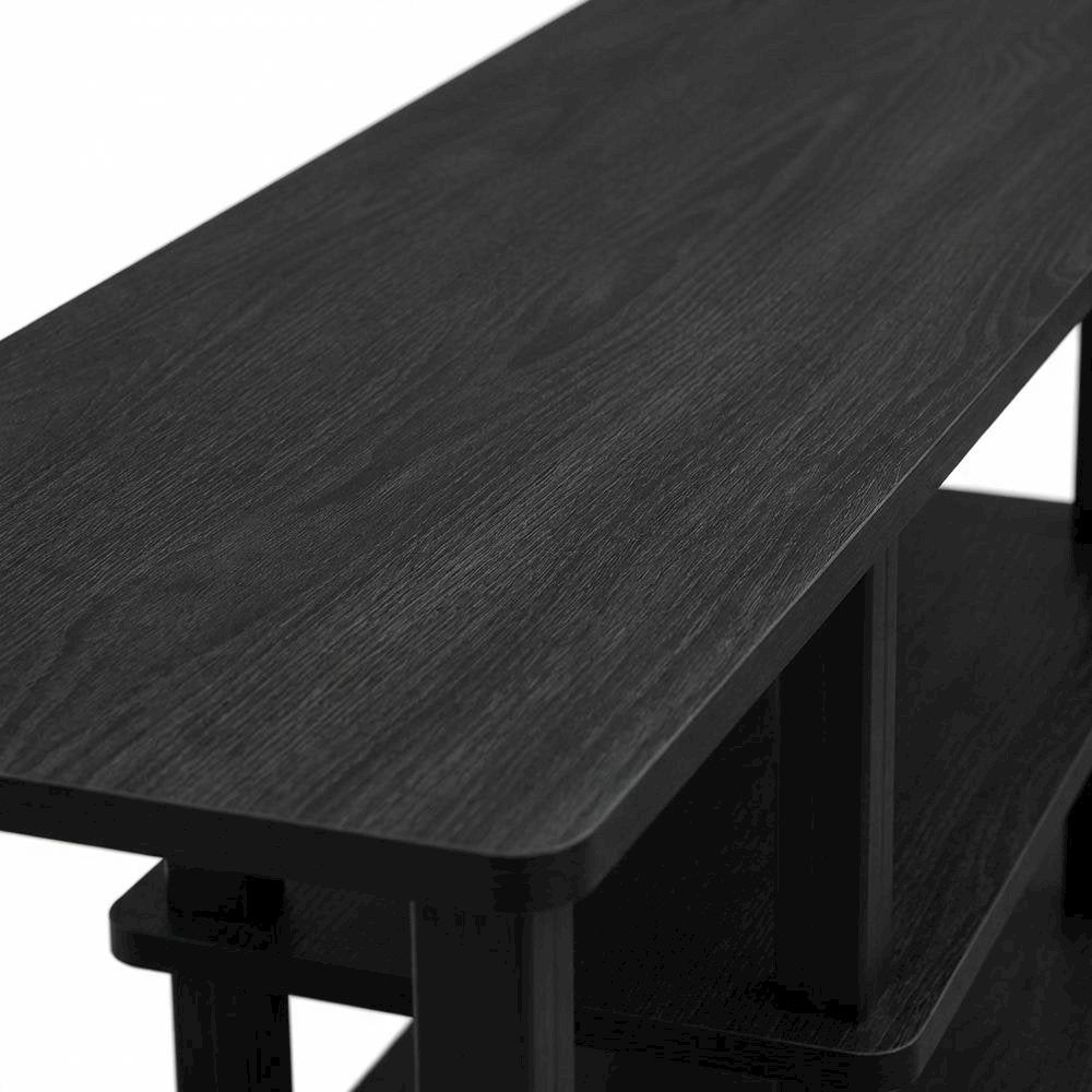 Black wood TV stand,  3-tier design, square tube frame, entertainment setup