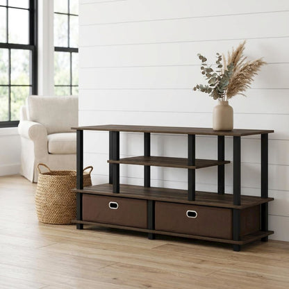 Wood TV stand for up to 50-inch with storage bin in dark brown and black finish