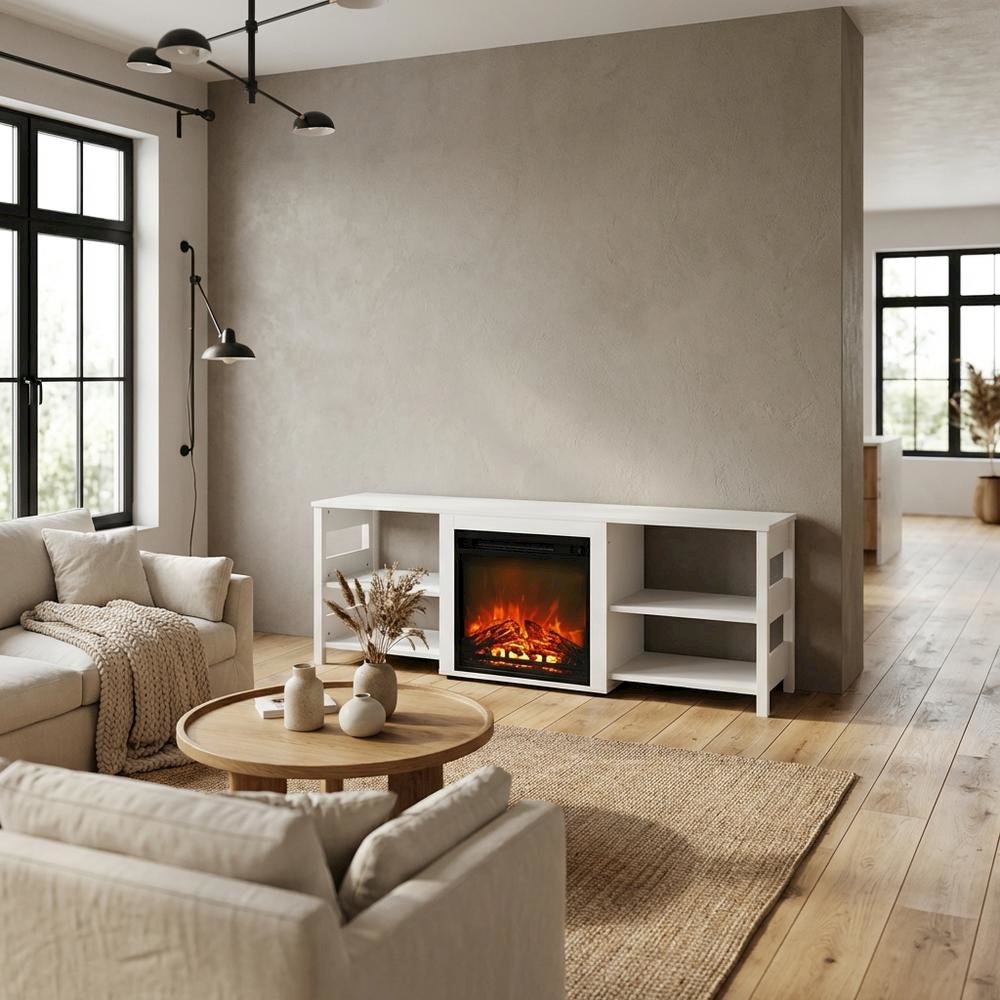 White Emboss TV Stand with Fireplace and Wooden Finish