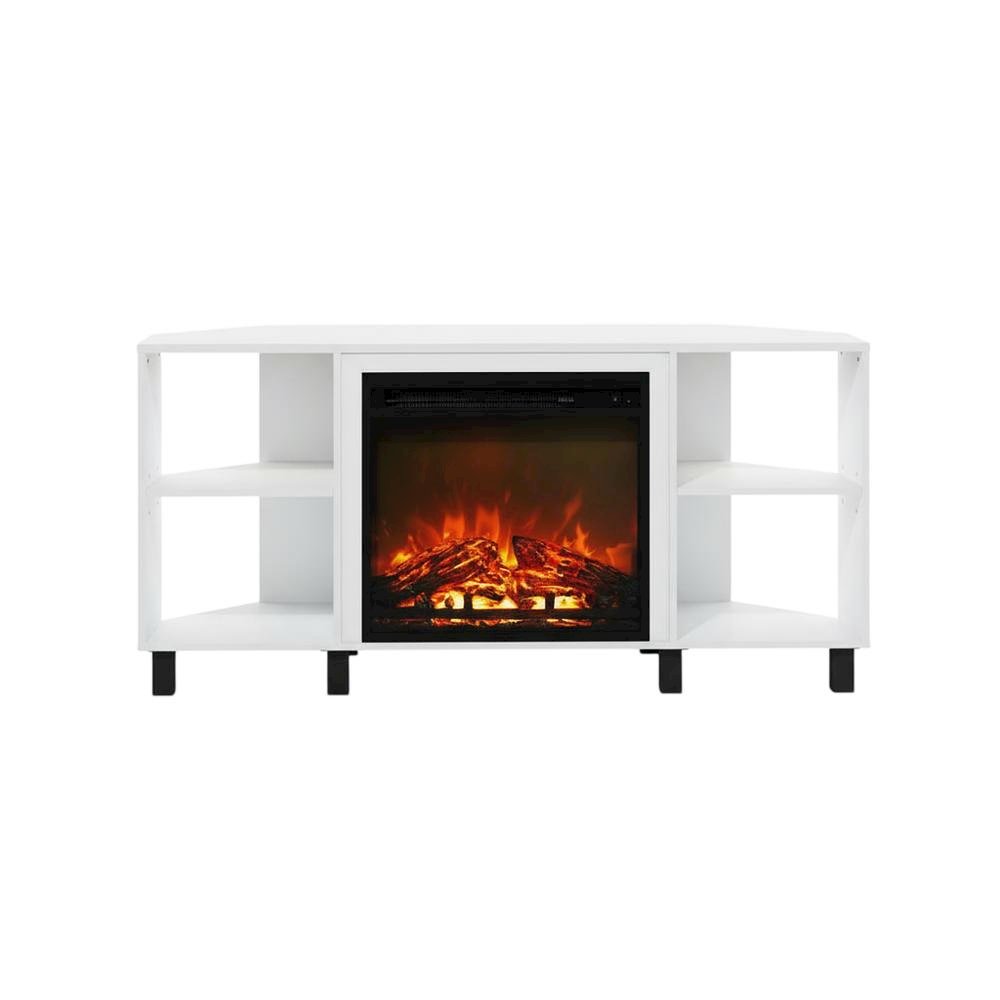 White Corner Fireplace TV Stand with 4 Open Storage Compartments in Wood Finish