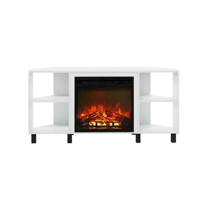 White Corner Fireplace TV Stand with 4 Open Storage Compartments in Wood Finish