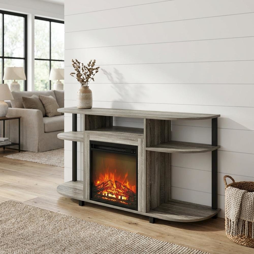 Gray entertainment center stand, fireplace insert, TV up to 55 inches, solid