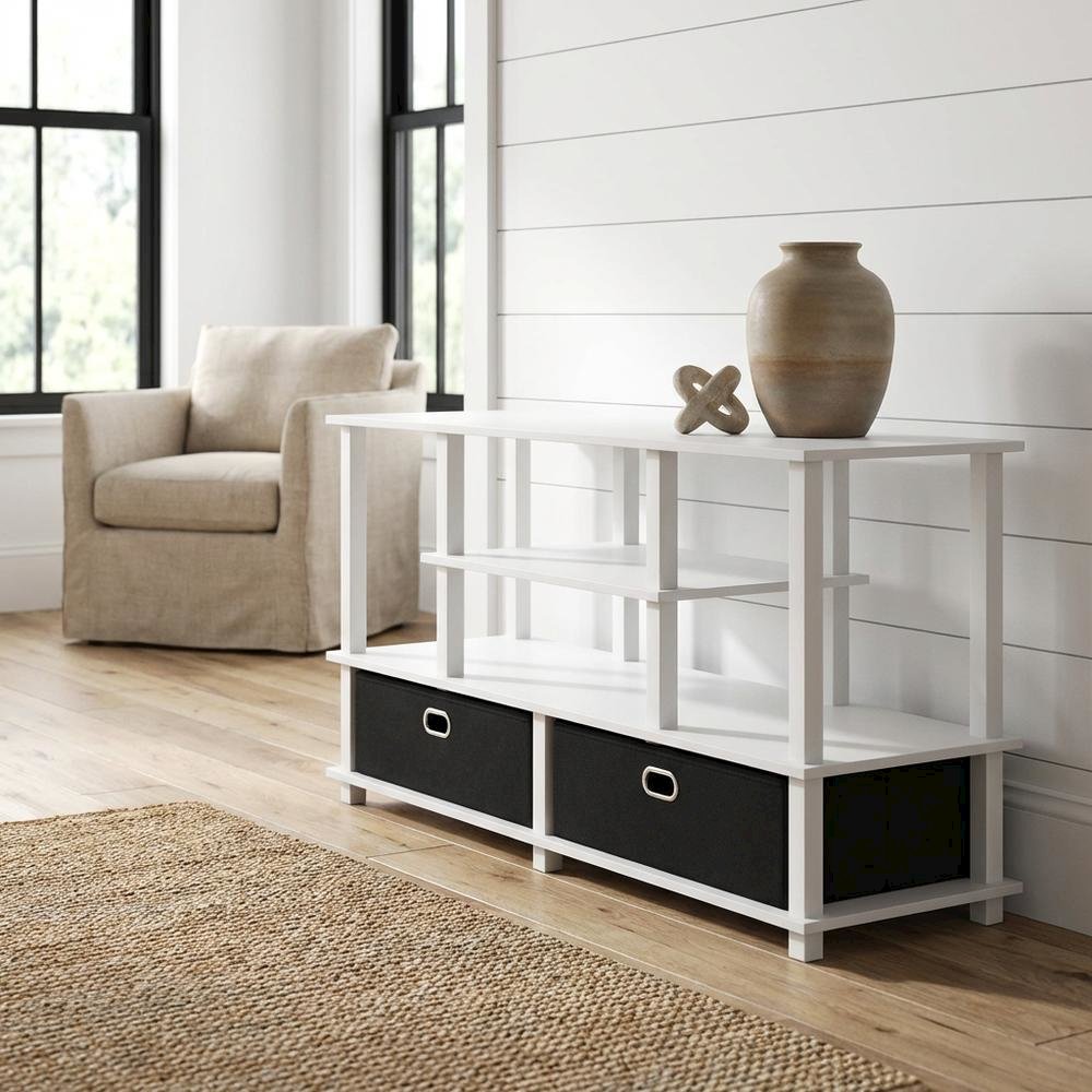 White Large TV Stand, 55-Inch Screens, Storage Bin, Solid Wood construction