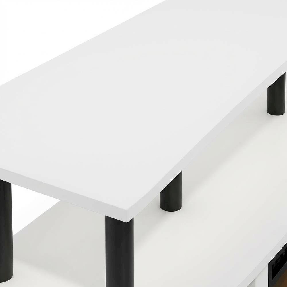 White open shelving, fireplace entertainment center, 55-inch TVs, rubberwood