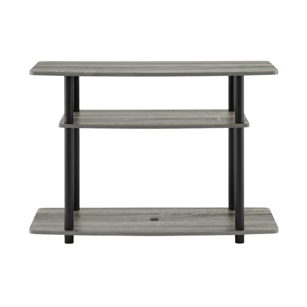 Wooden TV stand with French Oak Grey and Black finish, 3-Tier, No Tools Assembly