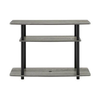 Wooden TV stand with French Oak Grey and Black finish, 3-Tier, No Tools Assembly