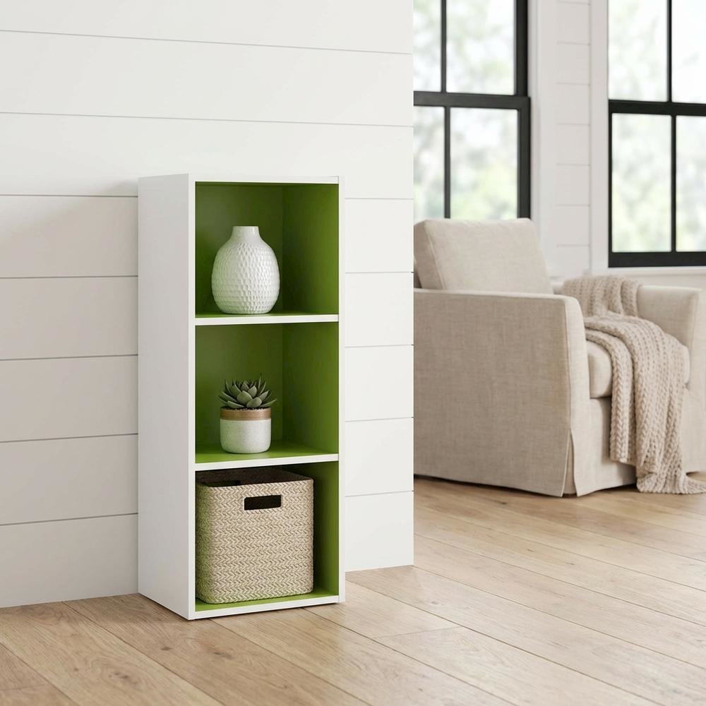 White/Green 3-Tier Open Shelf Bookcase with Ample Storage and Modern Design