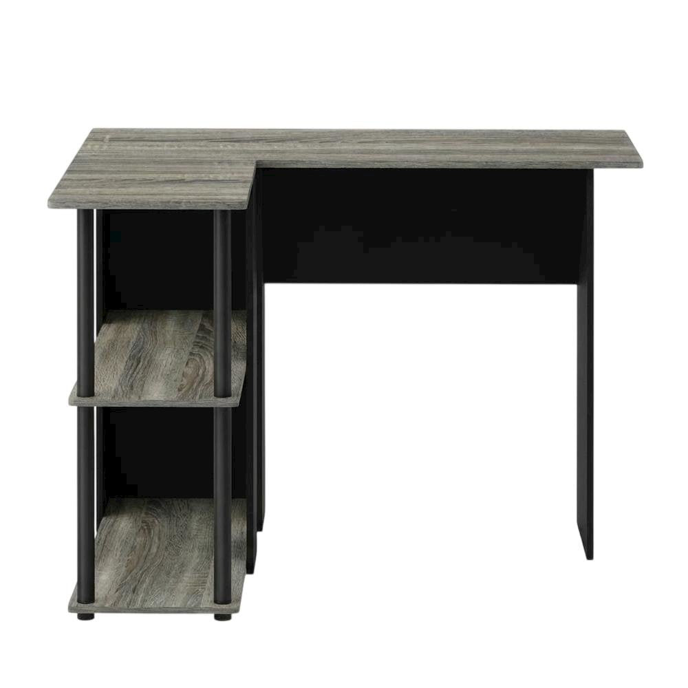 L-Shape Desk with Bookshelf, French Oak Grey/Black, Modern Computer Workstation