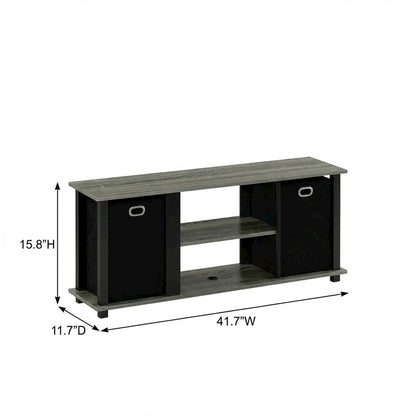 Wood Entertainment Center with Storage Bins in French Oak and Black Finish