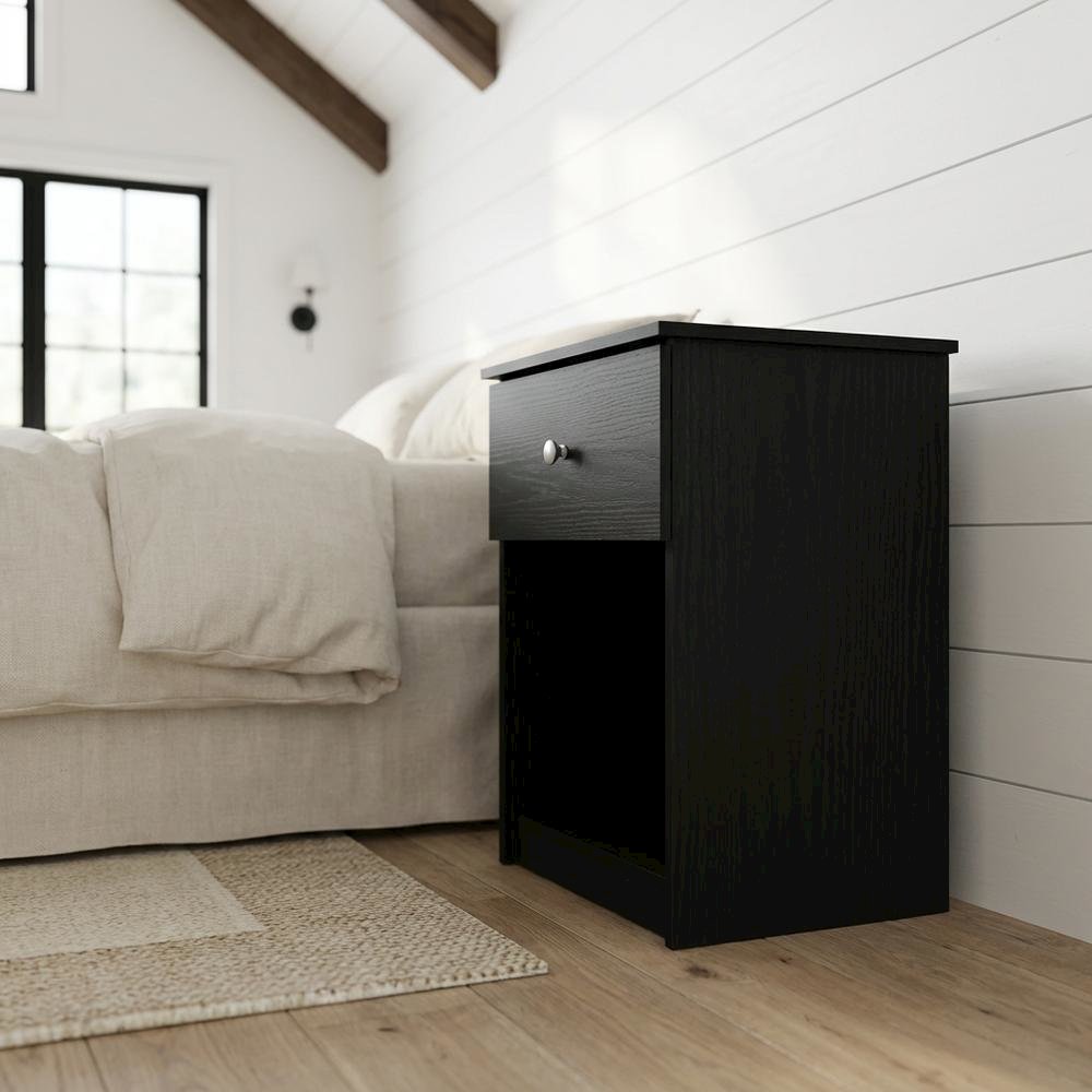 Black wood nightstand with one drawer and modern design