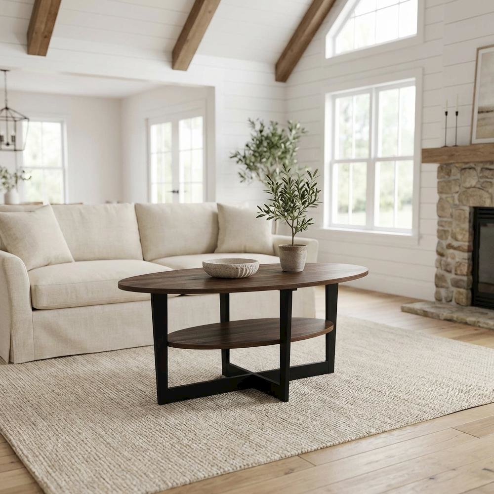 Oval Coffee Table Columbia Walnut Black Finish with Durable Construction