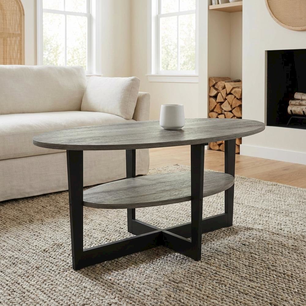 Oval Coffee Table French Oak Grey Black with Modern Design and Durable Surface