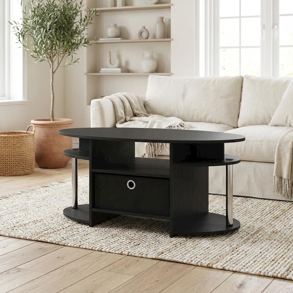Americano Oval Coffee Table with Storage Bin and Chrome Steel Frame