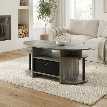 Oval Coffee Table French Oak Grey and Black with Simple Design and Sturdy Frame
