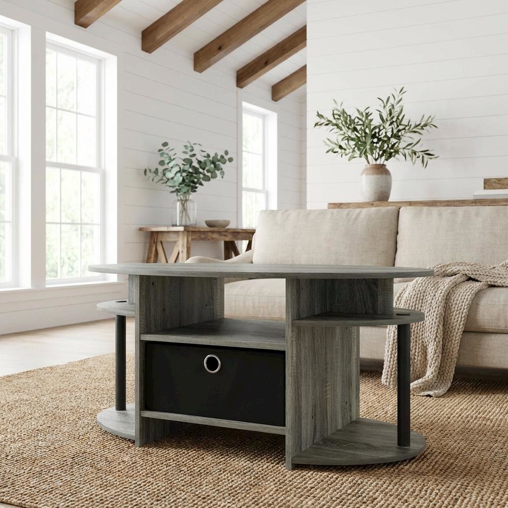Oval Coffee Table French Oak Grey and Black with Simple Design and Sturdy Frame