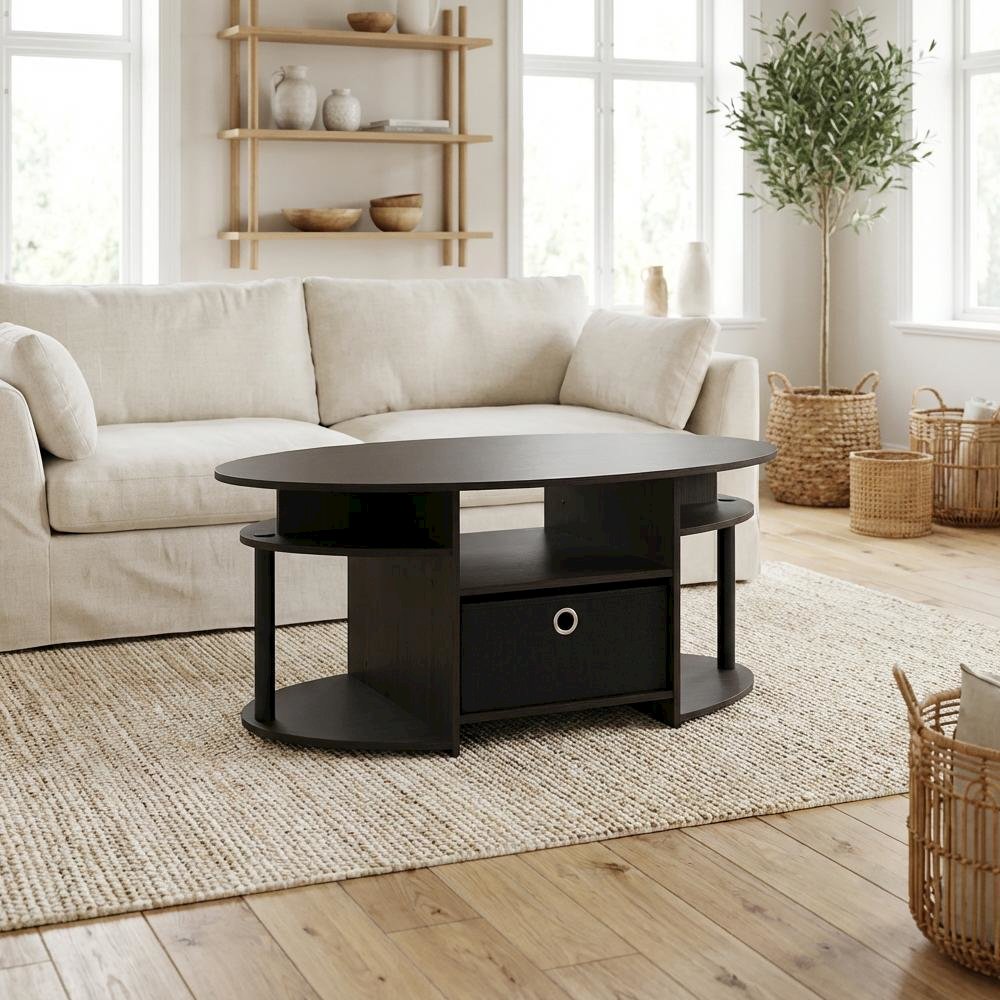 Oval Walnut Coffee Table with Storage Bin and Simple Modern Design
