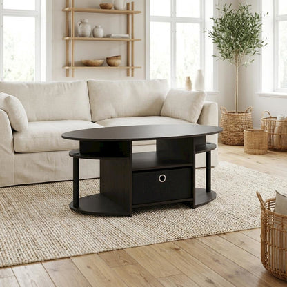 Oval Walnut Coffee Table with Storage Bin and Simple Modern Design