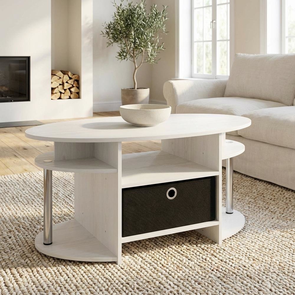 White Oak Oval Coffee Table with Storage Bin and Stainless Steel Tubes