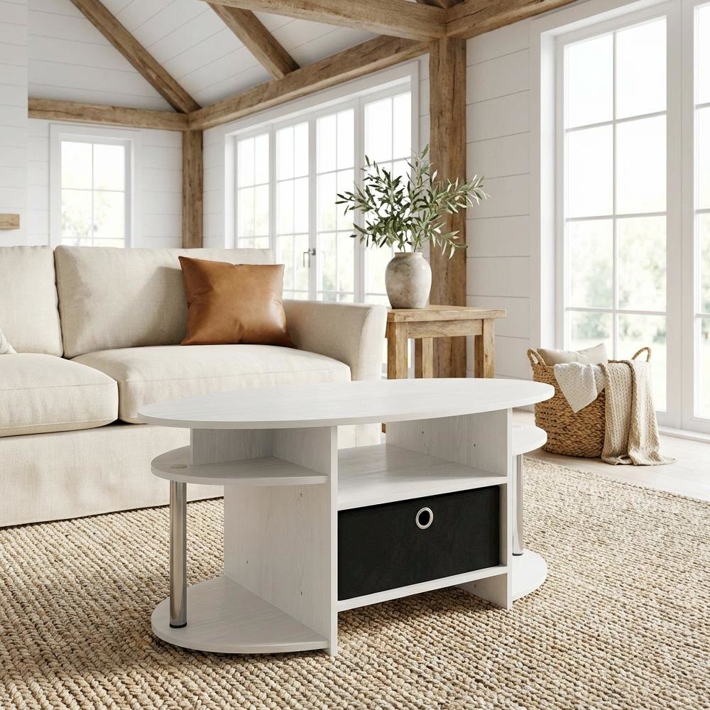 White Oak Oval Coffee Table with Storage Bin and Stainless Steel Tubes