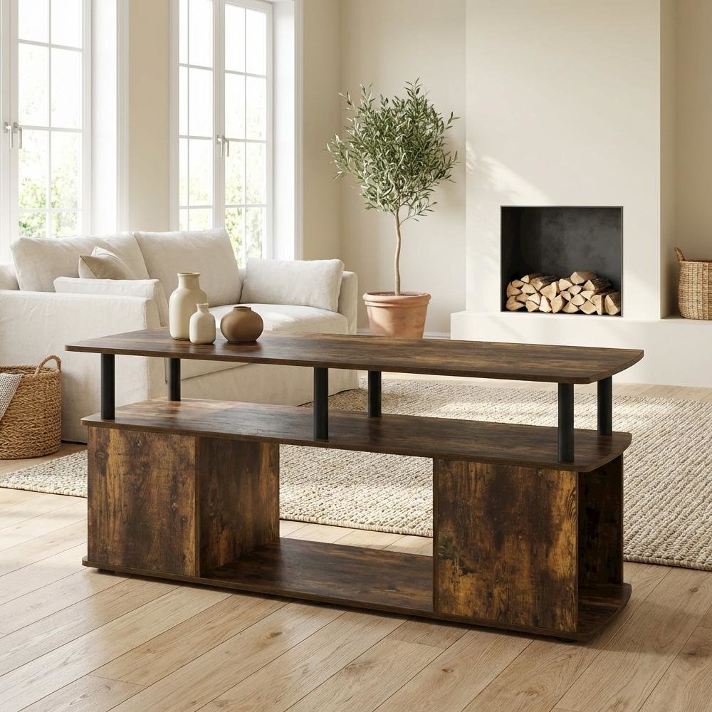 Amber Pine Utility Coffee Table with Storage Shelf and Metal Frame