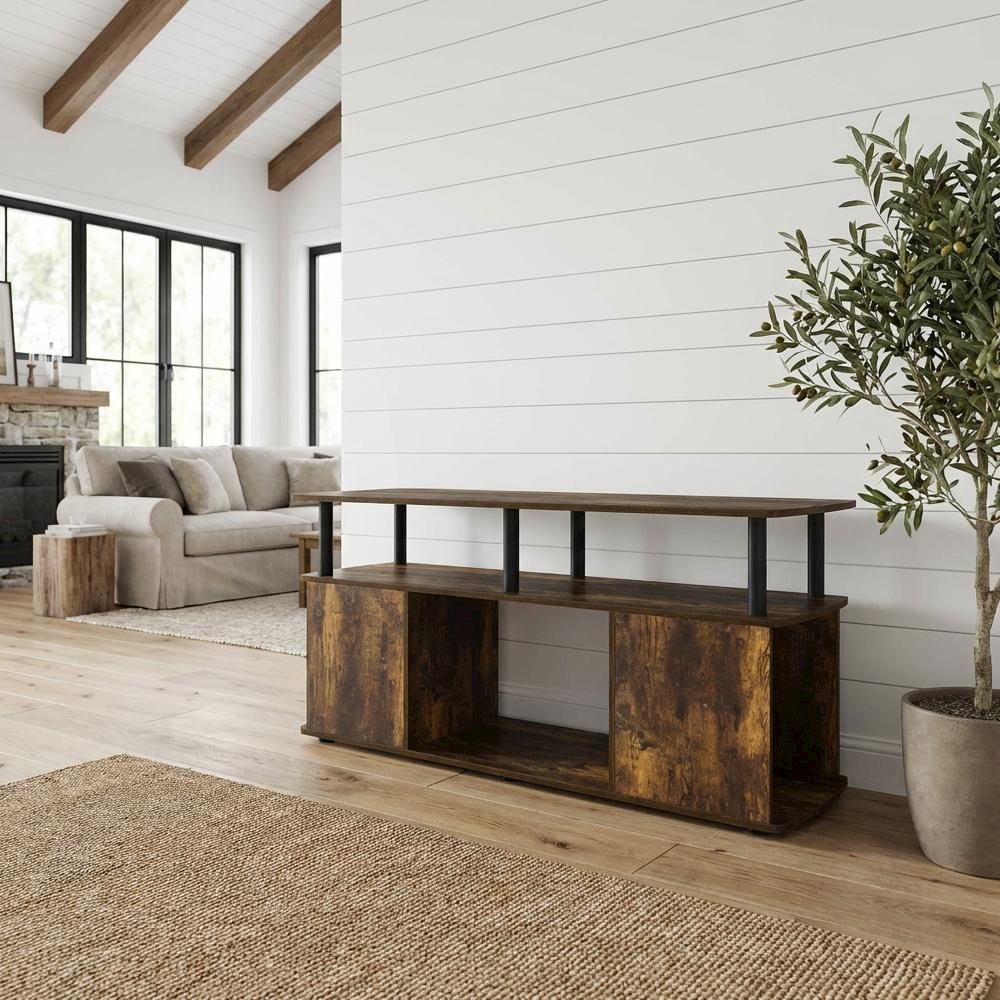Amber Pine Utility Coffee Table with Storage Shelf and Metal Frame